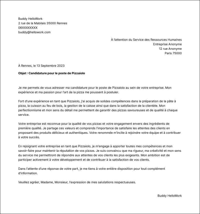 Modèle lettre de motivation Pizzaiolo Exemple lettre de motivation Pizzaiolo