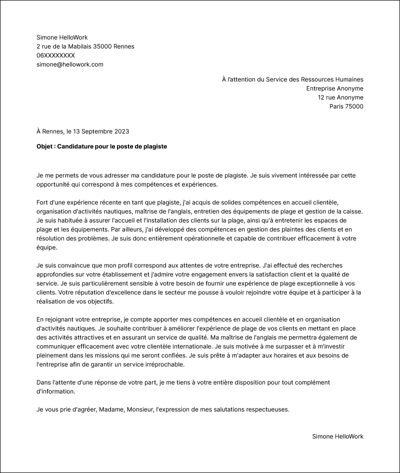 Exemple lettre de motivation Plagiste