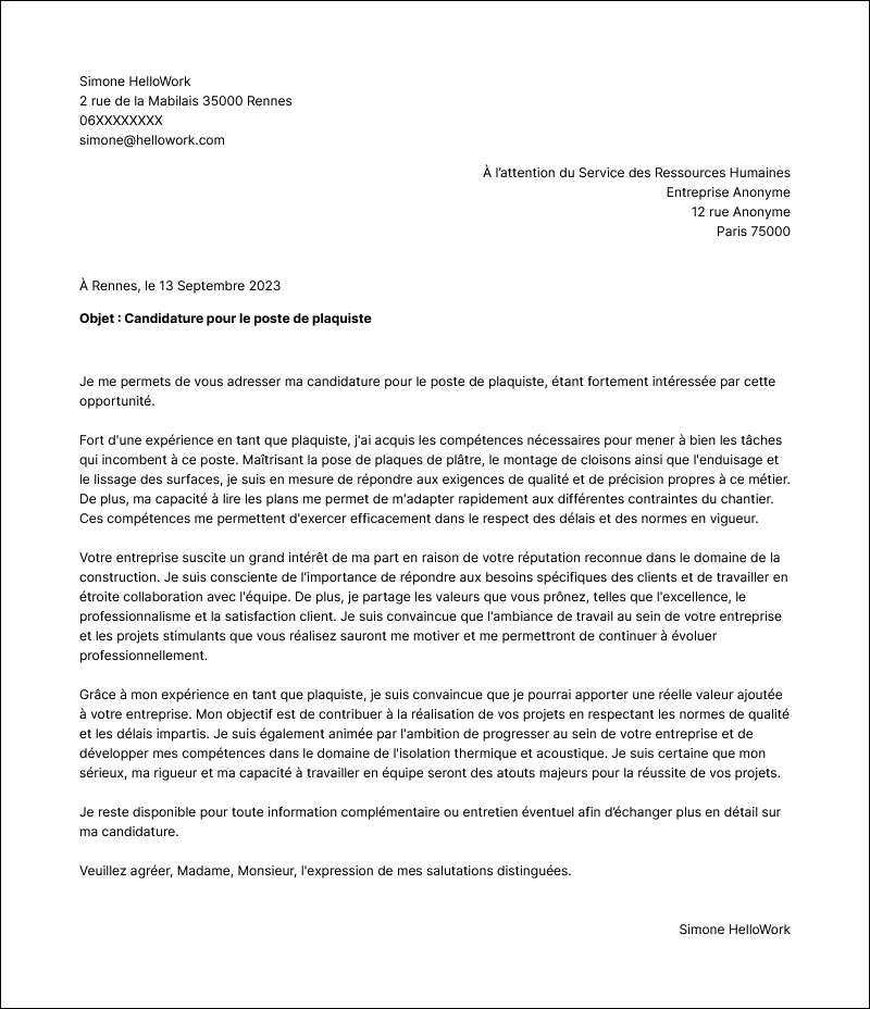 Modèle lettre de motivation Plaquiste Exemple lettre de motivation Plaquiste