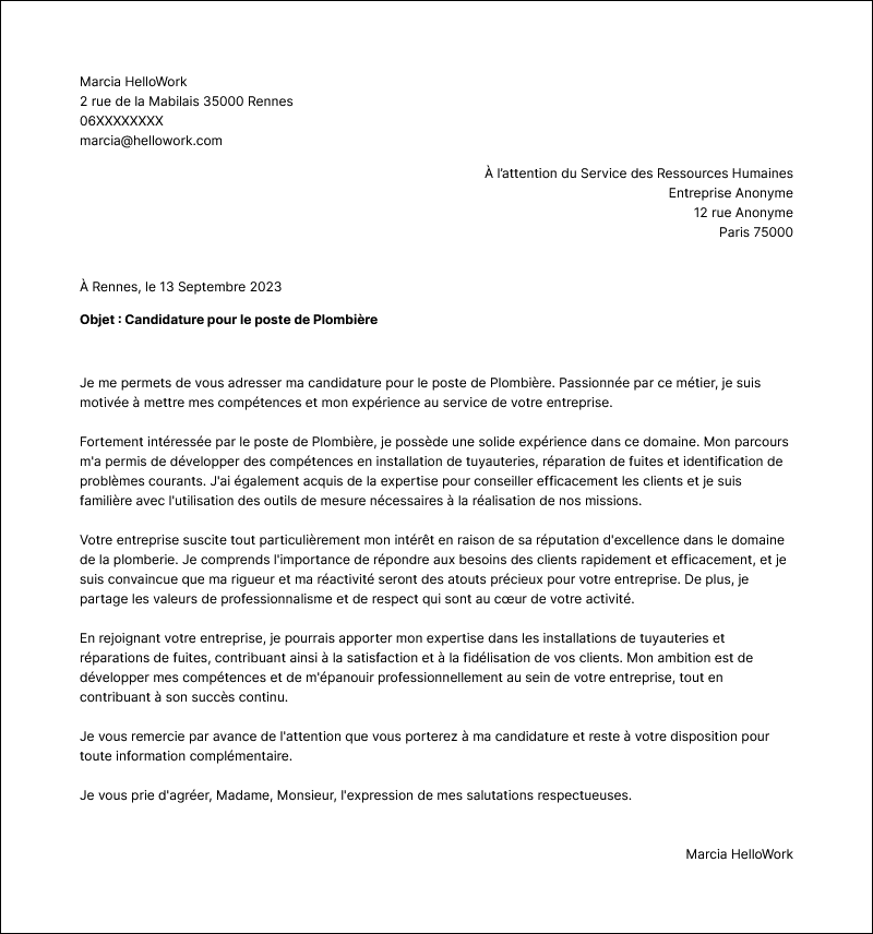 Modèle lettre de motivation Plombier Exemple lettre de motivation Plombier