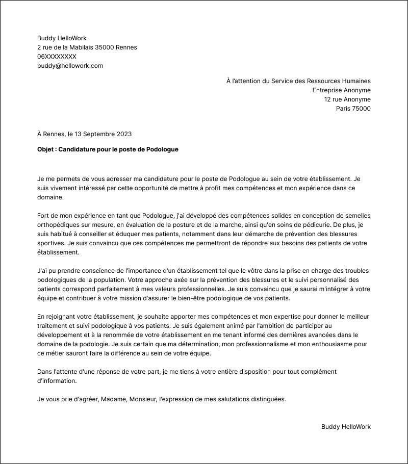 Modèle lettre de motivation Podologue Exemple lettre de motivation Podologue