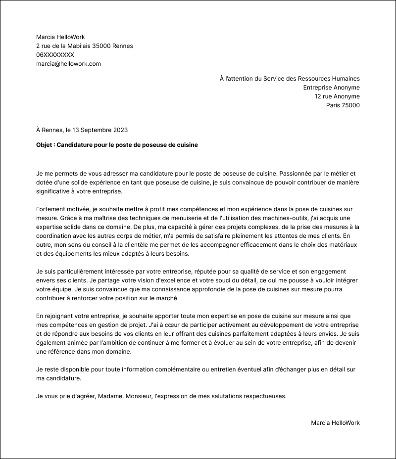 Modèle lettre de motivation Poseur de cuisine Exemple lettre de motivation Poseur de cuisine