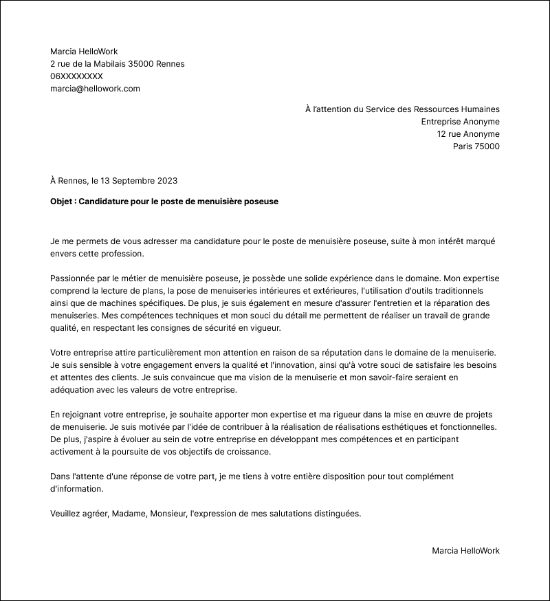 Exemple lettre de motivation Menuisier poseur