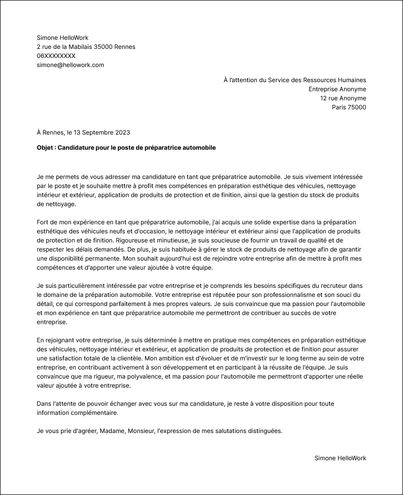 Modèle lettre de motivation Préparateur automobile Exemple lettre de motivation Préparateur automobile