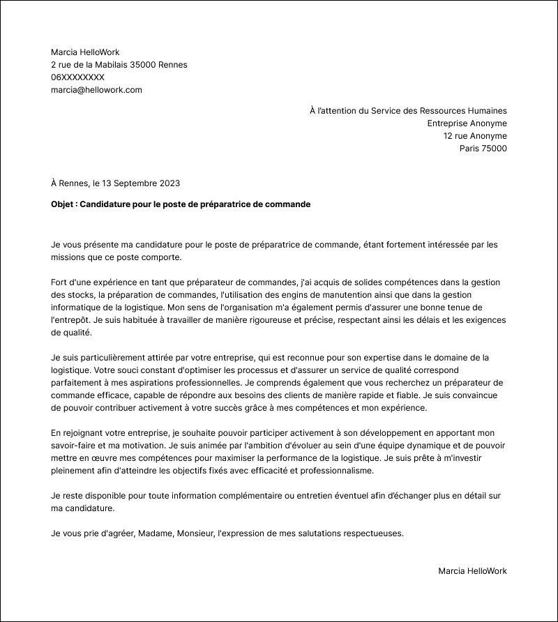 Modèle lettre de motivation Préparateur de commande Exemple lettre de motivation Préparateur de commande