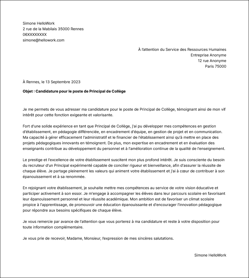 Modèle lettre de motivation Principal de collège Exemple lettre de motivation Principal de collège