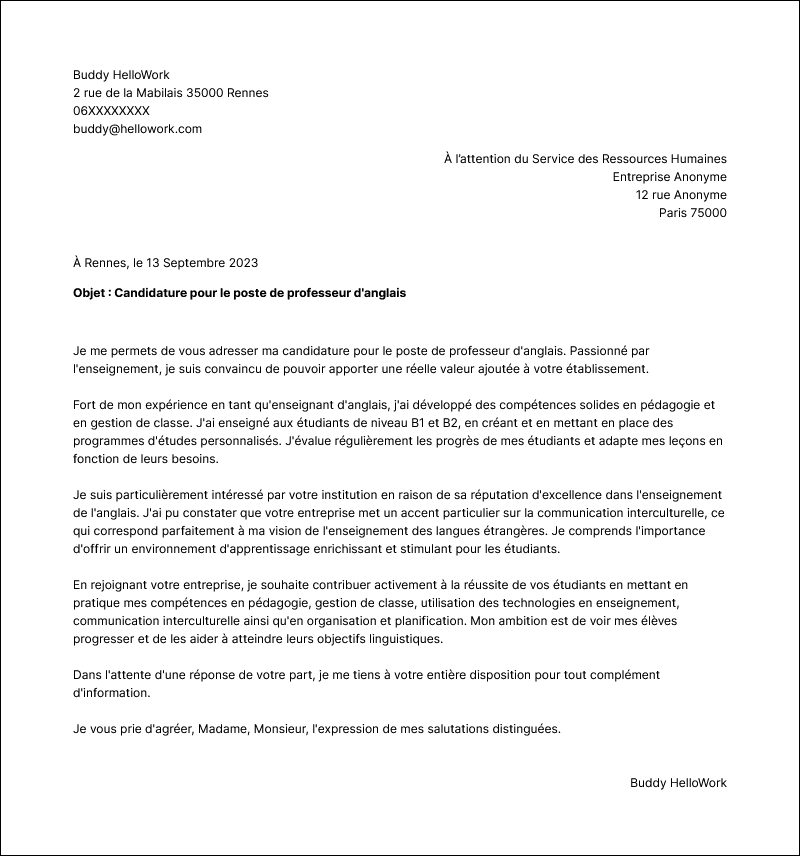 Modèle lettre de motivation Professeur d'anglais Exemple lettre de motivation Professeur d'anglais