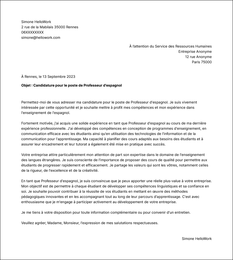 Modèle lettre de motivation Professeur d'espagnol Exemple lettre de motivation Professeur d'espagnol