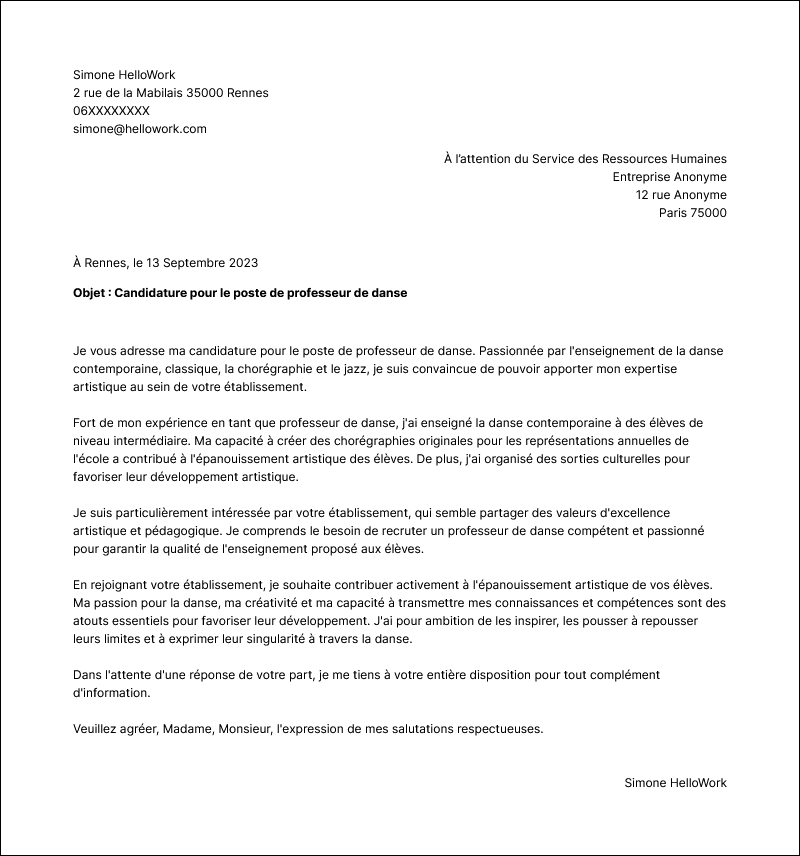 Modèle lettre de motivation Professeur de danse Exemple lettre de motivation Professeur de danse