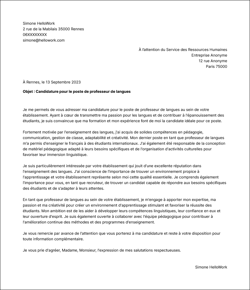 Modèle lettre de motivation Professeur de langues Exemple lettre de motivation Professeur de langues