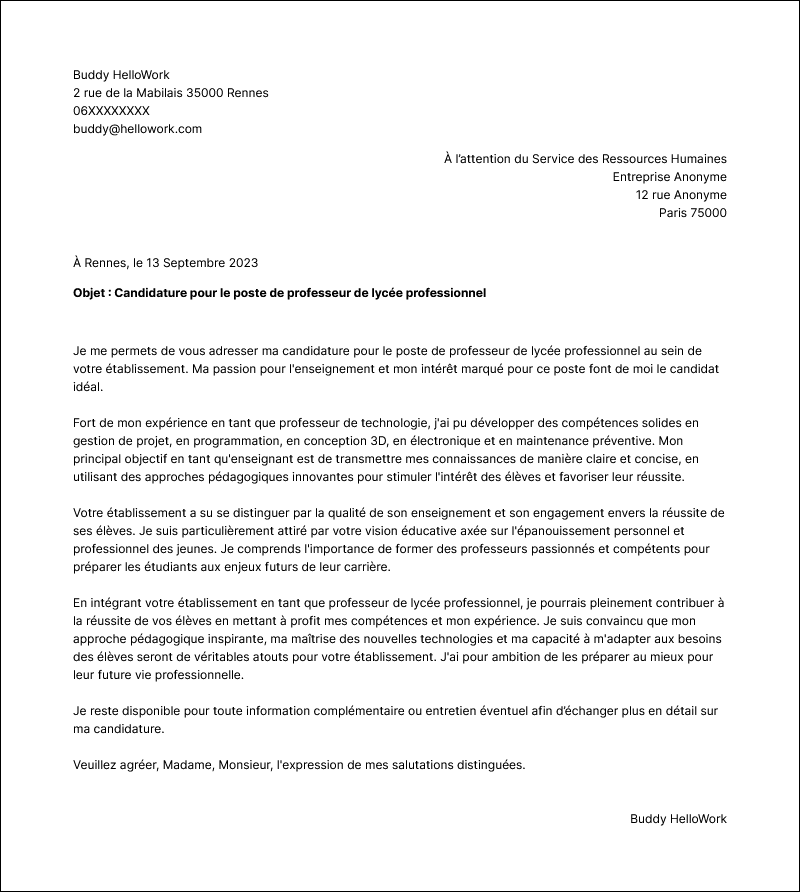 Modèle lettre de motivation Professeur de lycée professionnel Exemple lettre de motivation Professeur de lycée professionnel