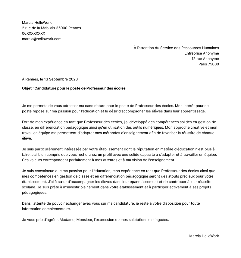 Modèle lettre de motivation Professeur des écoles Exemple lettre de motivation Professeur des écoles
