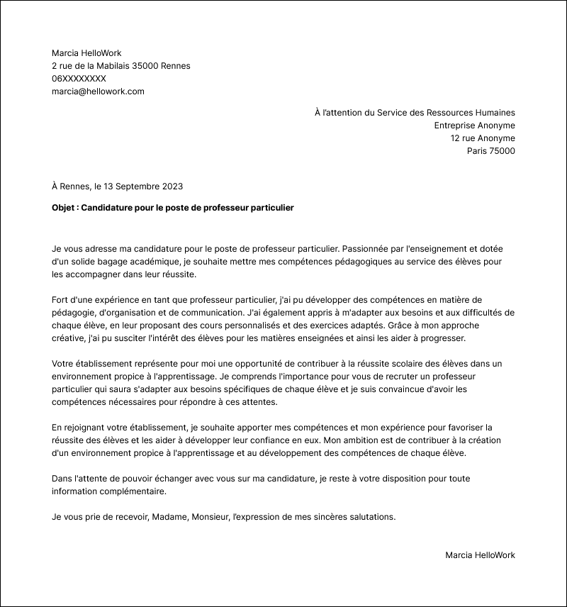Modèle lettre de motivation Professeur particulier Exemple lettre de motivation Professeur particulier