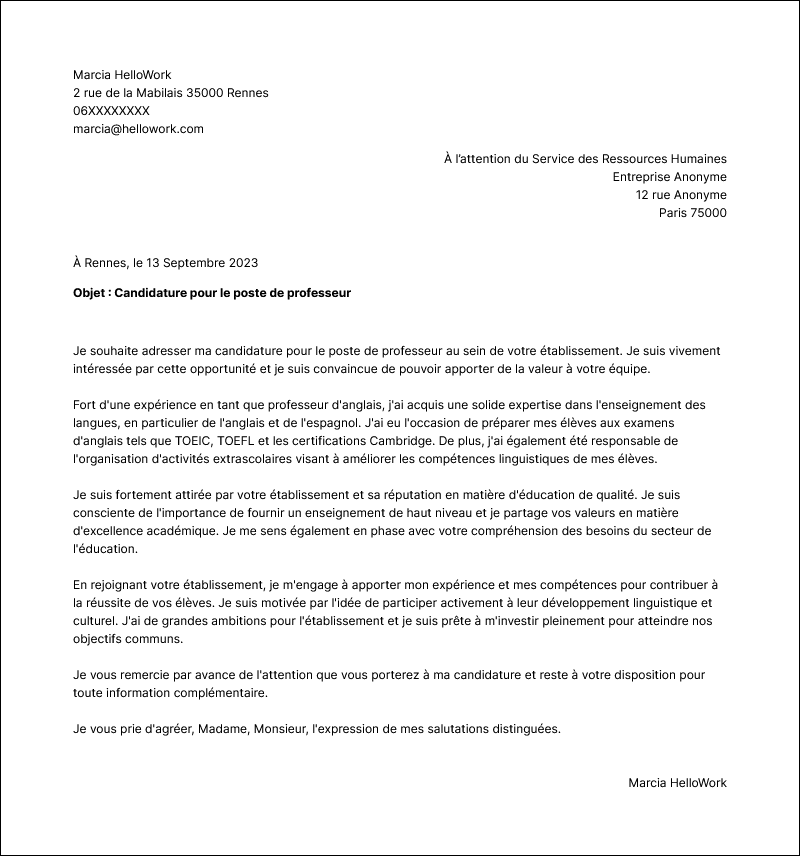 Modèle lettre de motivation Professeur Exemple lettre de motivation Professeur