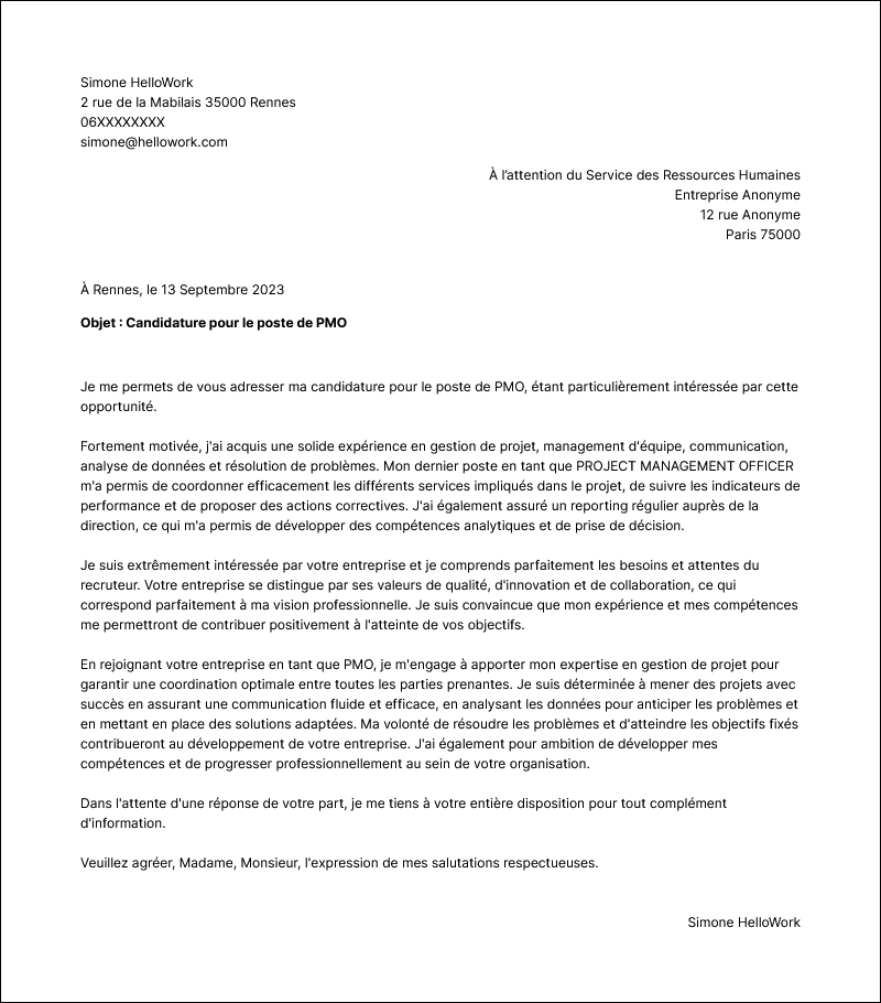 Modèle lettre de motivation Project management officer Exemple lettre de motivation Project management officer