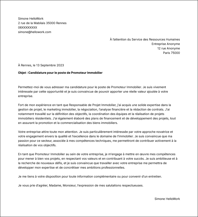 Modèle lettre de motivation Promoteur immobilier Exemple lettre de motivation Promoteur immobilier