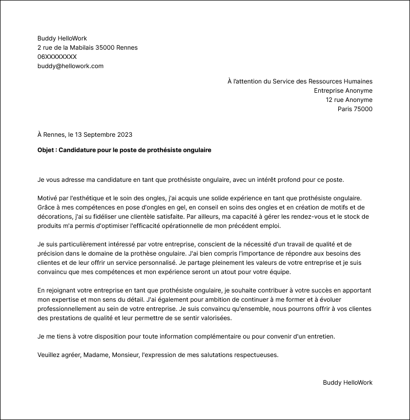 Exemple lettre de motivation Prothésiste ongulaire