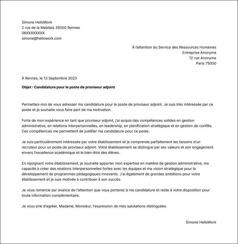 Modèle lettre de motivation Proviseur adjoint Exemple lettre de motivation Proviseur adjoint