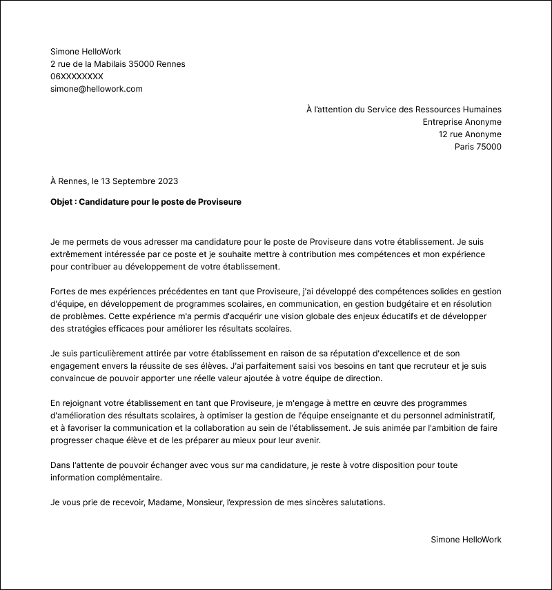 Modèle lettre de motivation Proviseur Exemple lettre de motivation Proviseur