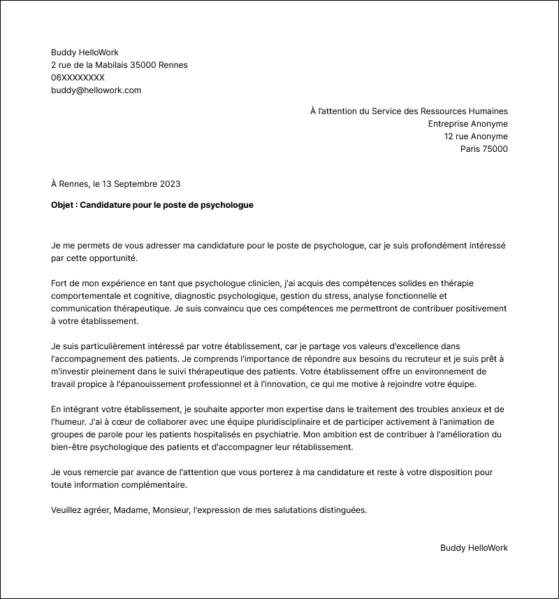 Modèle lettre de motivation Psychologue Exemple lettre de motivation Psychologue