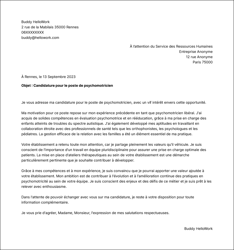 Modèle lettre de motivation Psychomotricien Exemple lettre de motivation Psychomotricien