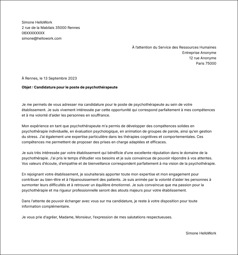 Modèle lettre de motivation Psychothérapeute Exemple lettre de motivation Psychothérapeute