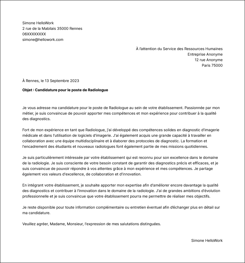 Modèle lettre de motivation Radiologue Exemple lettre de motivation Radiologue