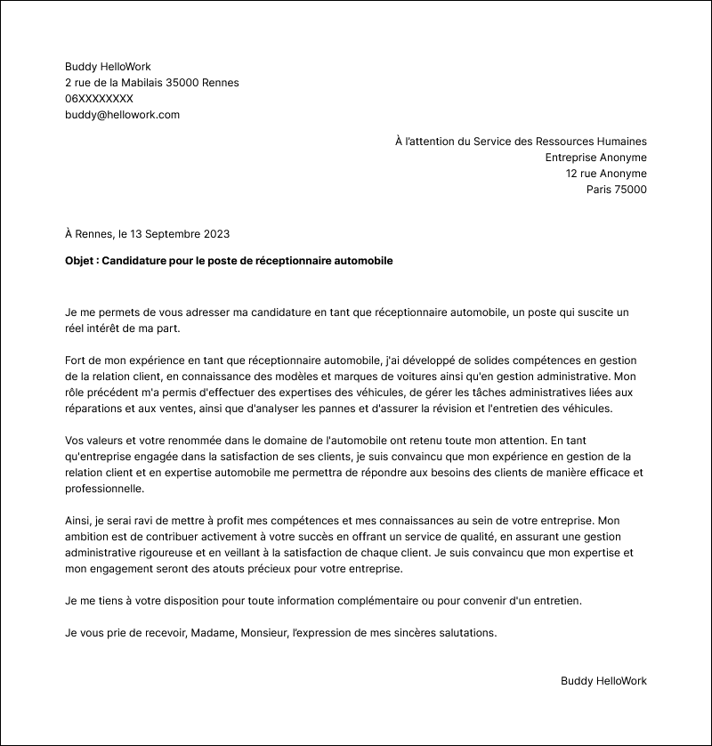 Modèle lettre de motivation Réceptionnaire automobile Exemple lettre de motivation Réceptionnaire automobile