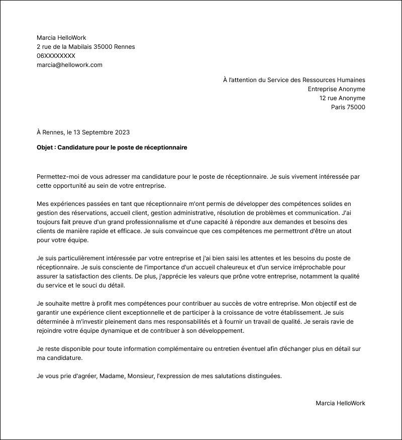 Modèle lettre de motivation Réceptionnaire Exemple lettre de motivation Réceptionnaire