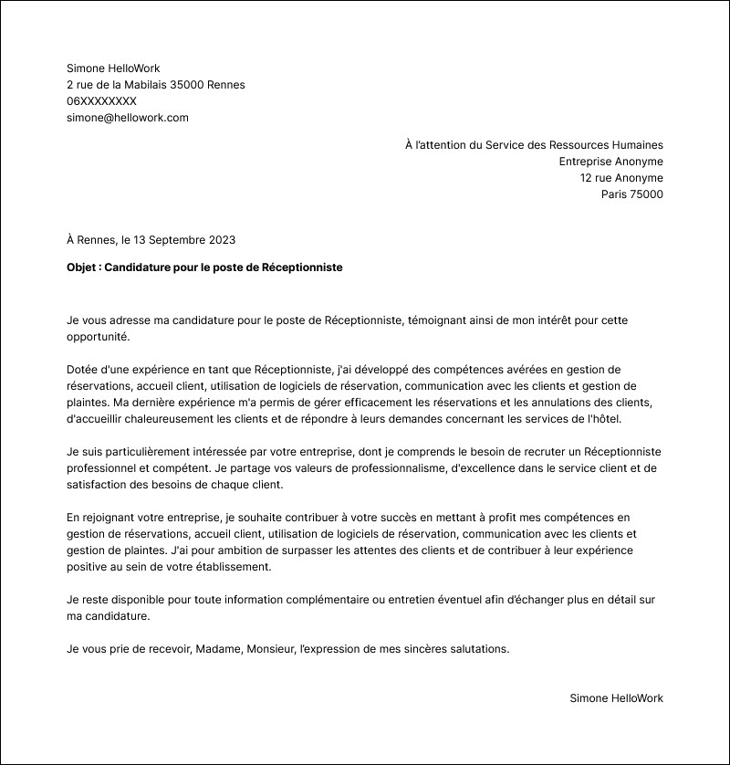 Modèle lettre de motivation Réceptionniste Exemple lettre de motivation Réceptionniste