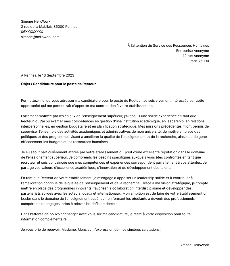 Modèle lettre de motivation Recteur Exemple lettre de motivation Recteur