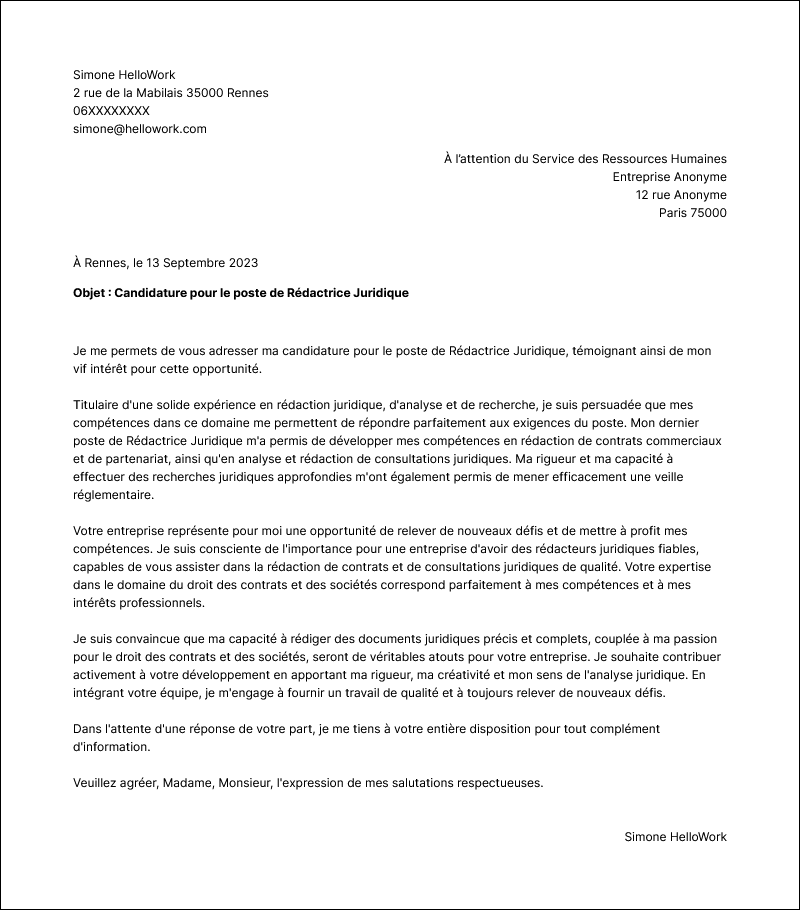 Modèle lettre de motivation Rédacteur juridique Exemple lettre de motivation Rédacteur juridique
