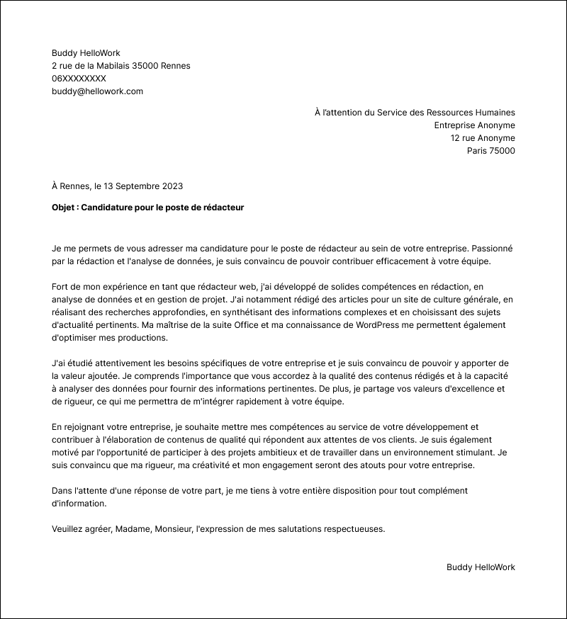 Modèle lettre de motivation Rédacteur Exemple lettre de motivation Rédacteur