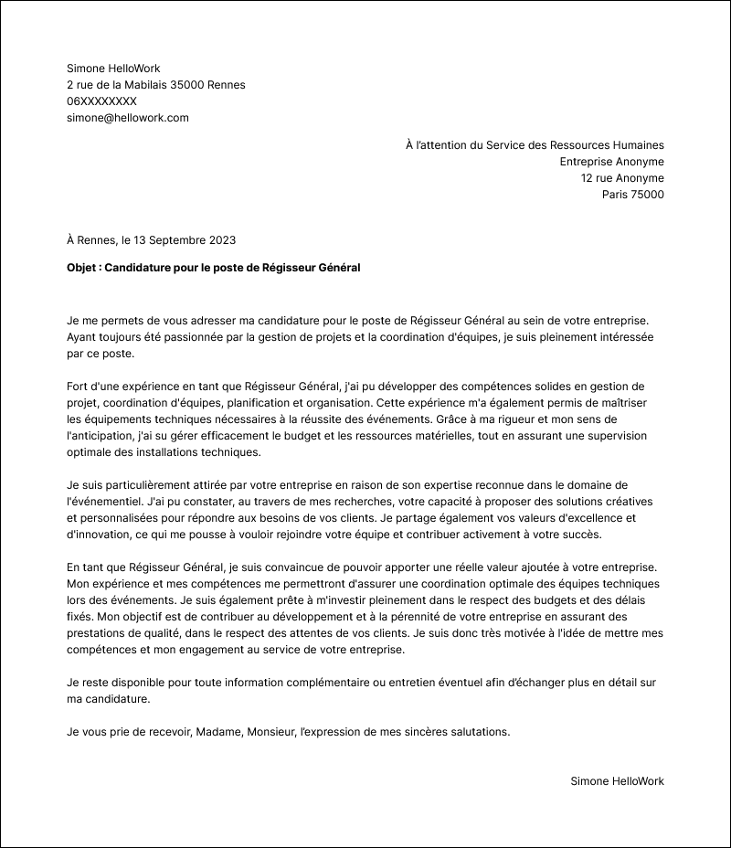 Modèle lettre de motivation Régisseur général Exemple lettre de motivation Régisseur général