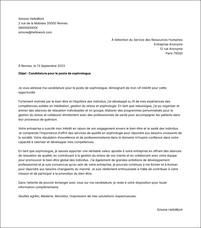 Modèle lettre de motivation Relaxologue Exemple lettre de motivation Relaxologue