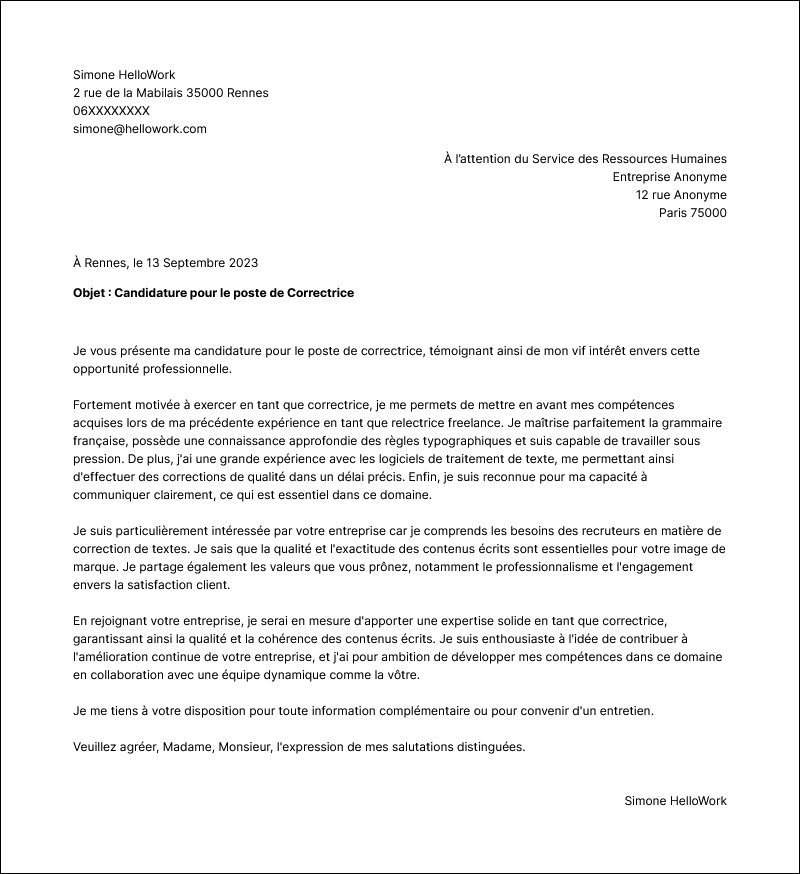 Modèle lettre de motivation Correcteur Exemple lettre de motivation Correcteur