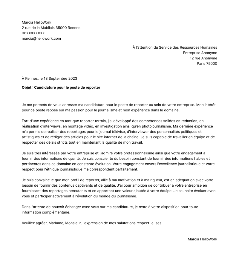 Modèle lettre de motivation Reporter Exemple lettre de motivation Reporter