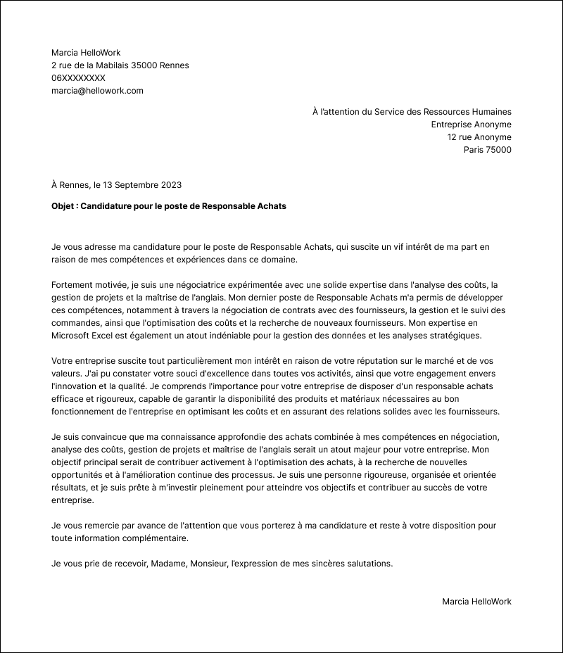 Modèle lettre de motivation Responsable achat Exemple lettre de motivation Responsable achat