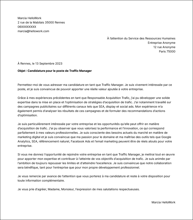 Modèle lettre de motivation Responsable acquisition trafic Exemple lettre de motivation Responsable acquisition trafic