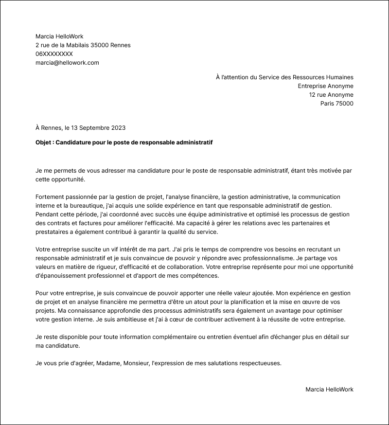 Modèle lettre de motivation Responsable administratif Exemple lettre de motivation Responsable administratif