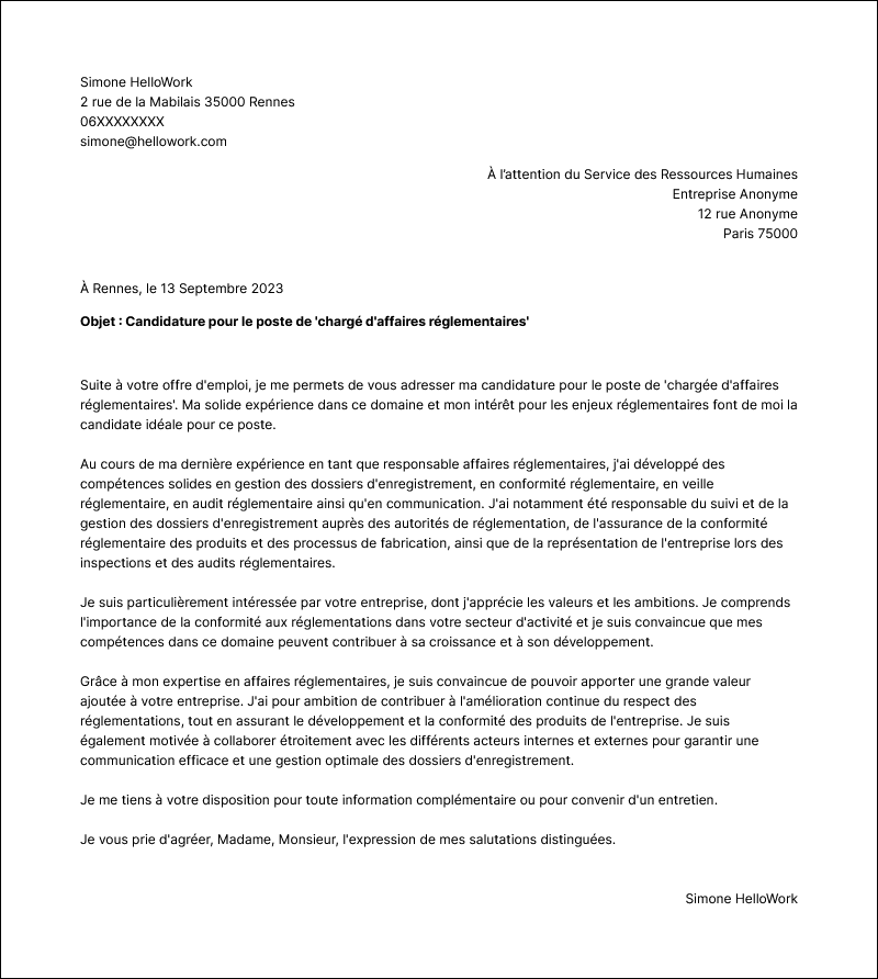 Modèle lettre de motivation Chargé d'affaires réglementaires Exemple lettre de motivation Chargé d'affaires réglementaires