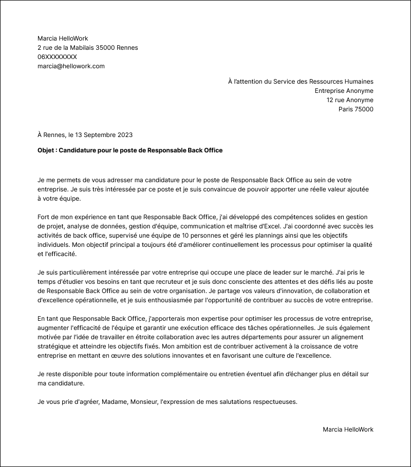 Modèle lettre de motivation Responsable back office Exemple lettre de motivation Responsable back office