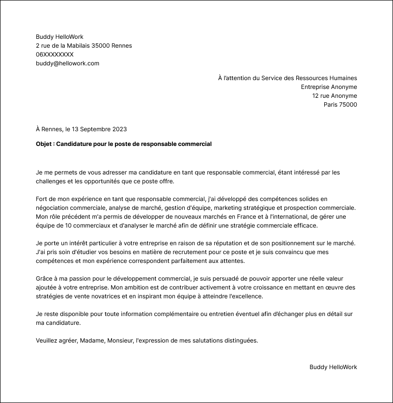 Modèle lettre de motivation Responsable commercial Exemple lettre de motivation Responsable commercial