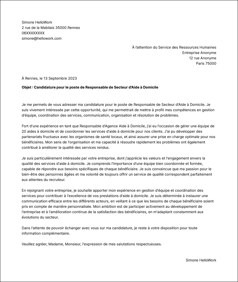 Modèle lettre de motivation Responsable d'agence aide à domicile Exemple lettre de motivation Responsable d'agence aide à domicile