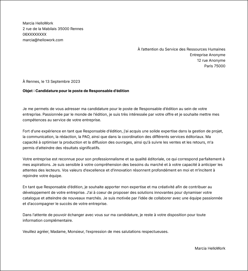 Modèle lettre de motivation Responsable d'édition Exemple lettre de motivation Responsable d'édition