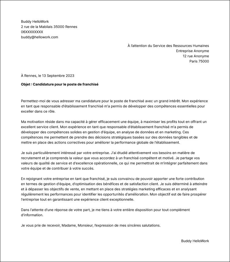 Modèle lettre de motivation Franchisé Exemple lettre de motivation Franchisé