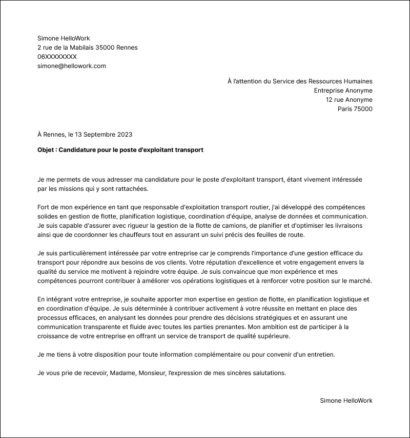 Modèle lettre de motivation Exploitant de transport Exemple lettre de motivation Exploitant de transport