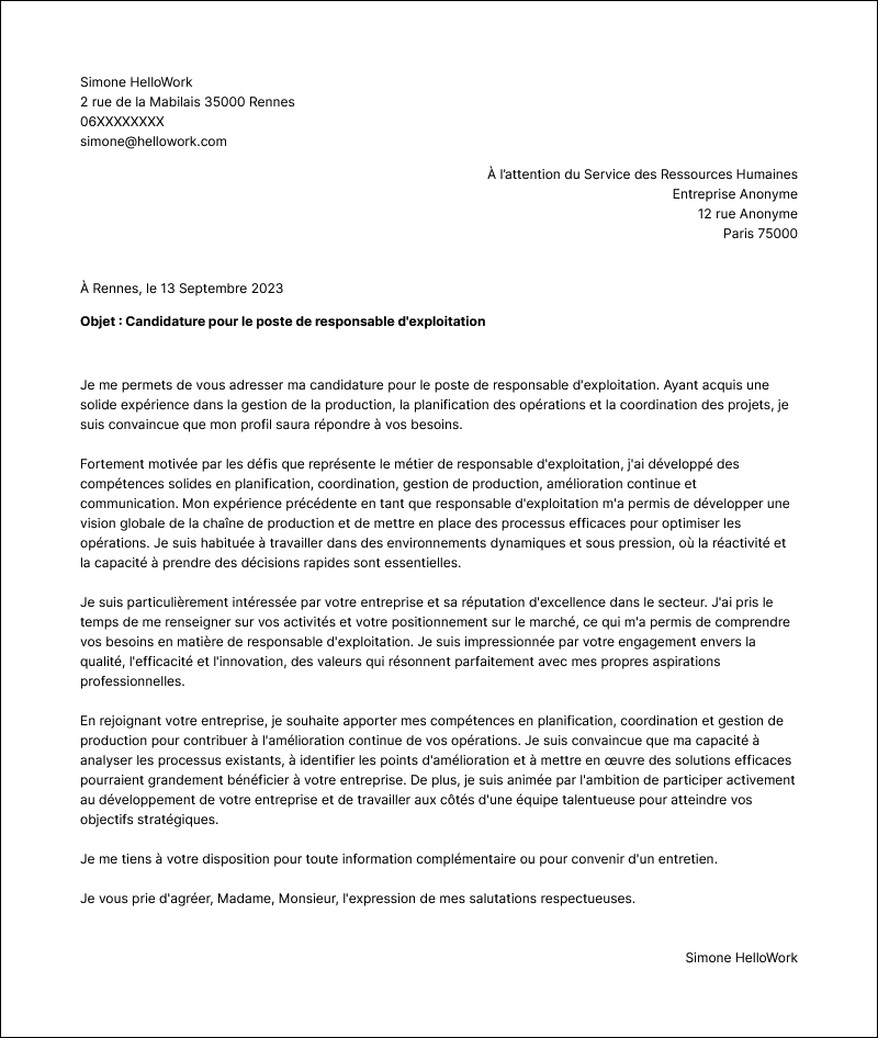 Modèle lettre de motivation Responsable d'exploitation Exemple lettre de motivation Responsable d'exploitation