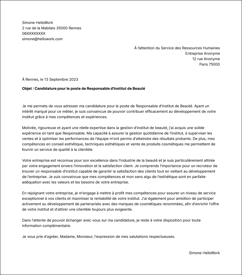 Modèle lettre de motivation Responsable d'institut de beauté Exemple lettre de motivation Responsable d'institut de beauté