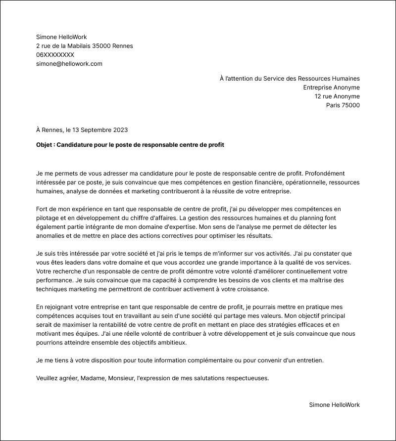 Modèle lettre de motivation Responsable centre de profit Exemple lettre de motivation Responsable centre de profit
